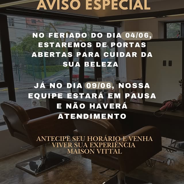 ‼️Aviso Especial ‼️

No feriado do dia 04/06 estaremos de portas abertas para cuidar da sua beleza.
