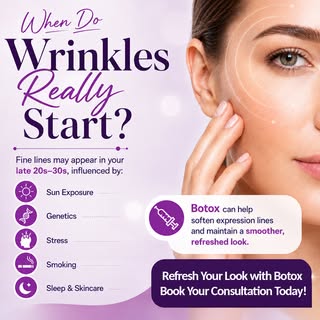 ✨ When do wrinkles really start?
Fine lines can begin appearing in your late 20s or 30s, influenced 