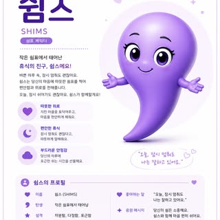 #엘피스쉼스 💜

#쉼스 (shims)

쉼스는 지친 하루 속 
작은 쉼표에서 태어났어요. 

편안한 휴식을 전하는 친구예요.

따뜻한 위로와 부드러운 에너지로
몸과 마음의 균형
