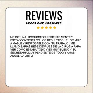 ME ISE UNA LIPOSUCCIÓN RESIENTE MENTE Y ESTOY CONTENTA CO LOS RESULTADO . EL DR MUY A MABLE Y RESPOS