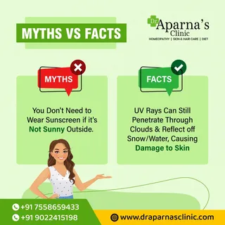 Myths 
You Don't Need to Wear Sunscreen if it's Not Sunny outside. 
Facts
UV rays can still penetrat