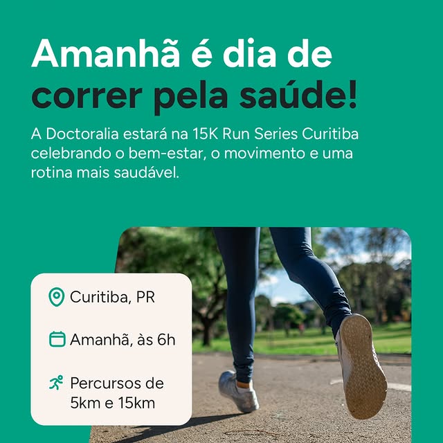 É amanhã! 🏃‍♀️💚

A Doctoralia é patrocinadora oficial da 15K Run Series Curitiba e já estamos na e