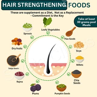 Struggling with hair fall or weak, thinning hair? 🌿
Here are powerful hair-strengthening foods you 