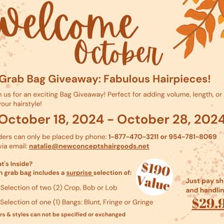 Join us for an exciting Giveaway of Fabulous Hairpieces. 🛍️⁠
October 18-28, 2024⁠
Just pay S/H. ⁠
⁠